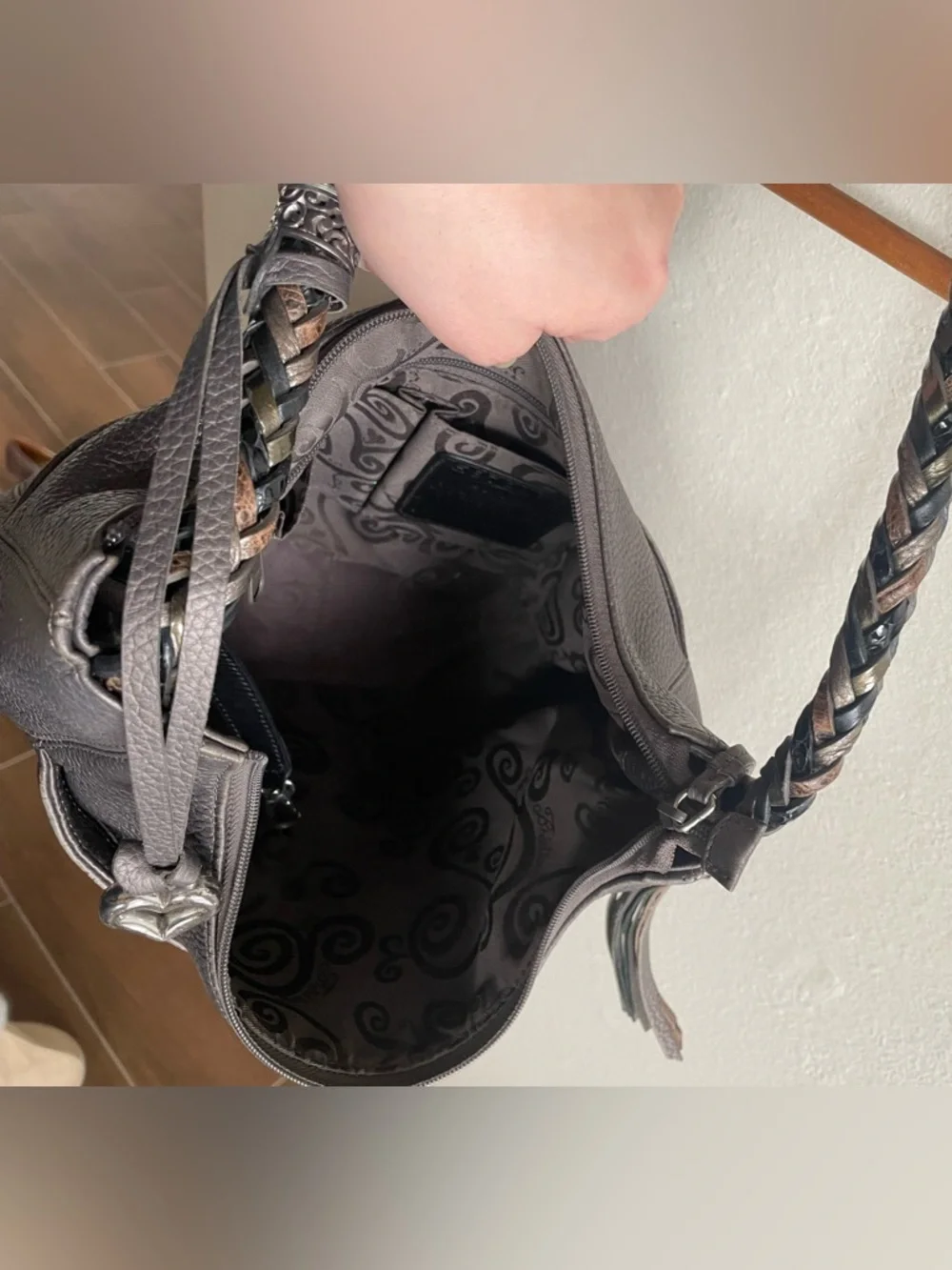 Brighton Barbados Ziptop Hobo Leather Shoulder Bag - Zinc Pearl - Picture 4 of 8